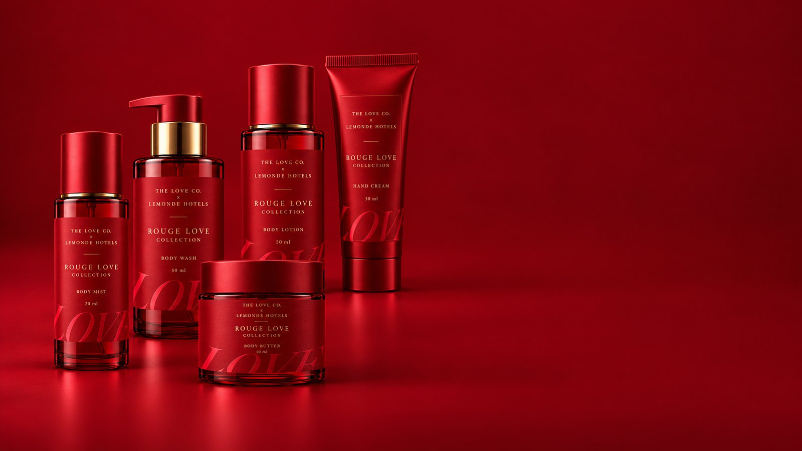 Rouge Love collection: body mist, body wash, body lotion, body butter and hand cream