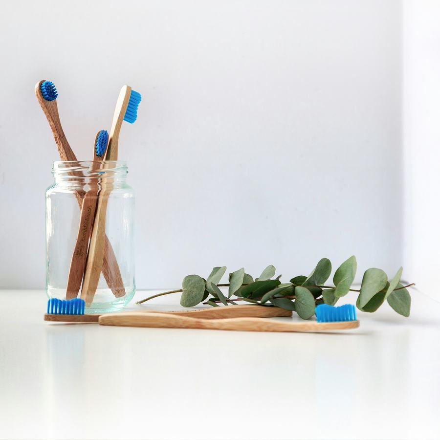 Bamboo toothbrushes in a glass jar with eucalyptus
